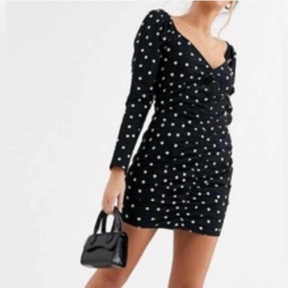 ASOS‎ Feminine Sweetheart Neck Ruched Black/White Polka Dot Mini Dress Sz 4